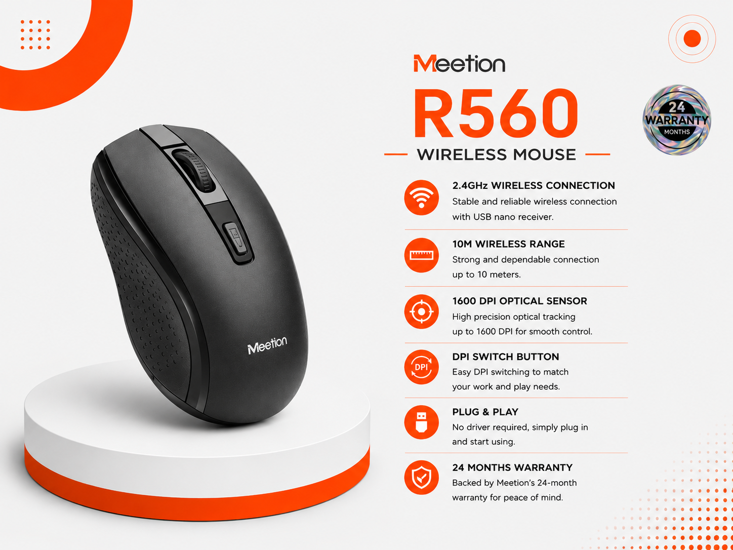 ماوس Meetion R560 لاسلكي - مستشعر بصري - دقة 1600 DPI - اتصال 2.4GHz - مدى 10 متر - 4 أزرار - وزن 60g - بطارية AA - Auto-Sleep - Nano USB - Plug & Play