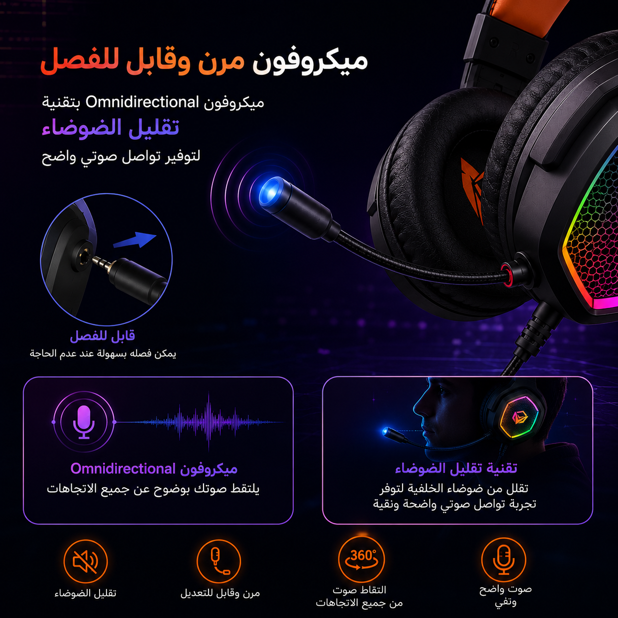 سماعة Meetion MT-HP012 - سماعة ألعاب سلكية - مشغلات 50mm - صوت Virtual 7.1 Surround - ميكروفون قابل للفصل - عزل ضوضاء - إضاءة RGB - اتصال USB - كابل 2.2 متر - وزن 259g