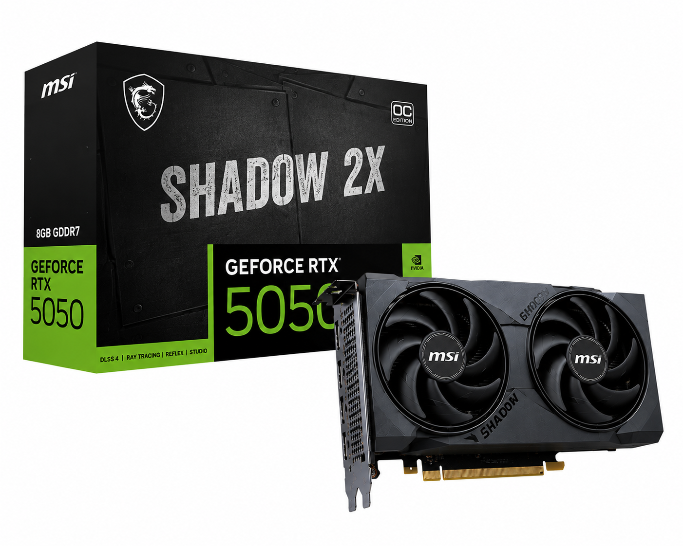 كرت شاشة MSI GeForce RTX 5050 SHADOW X2 سعة 8GB GDDR7، تصميم تبريد ثنائي مخفي Stealth، أداء حراري محسن، جيل ذكاء اصطناعي جديد (جديد)