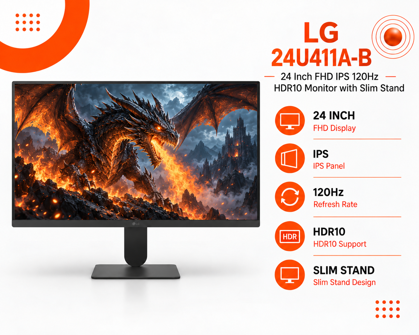 شاشة LG 24U411A-B مقاس 24 بوصة – FHD IPS بتردد 120Hz وHDR10