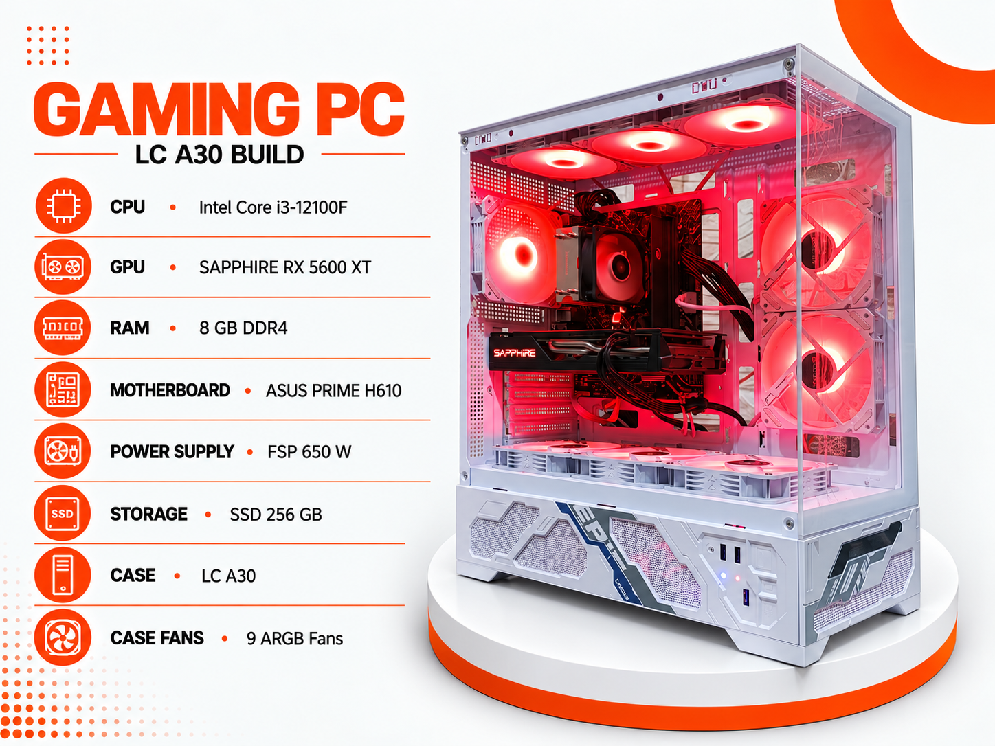 كمبيوتر ألعاب Gaming PC LC A30 – Intel Core i3-12100F | RX 5600 XT | 8GB DDR4