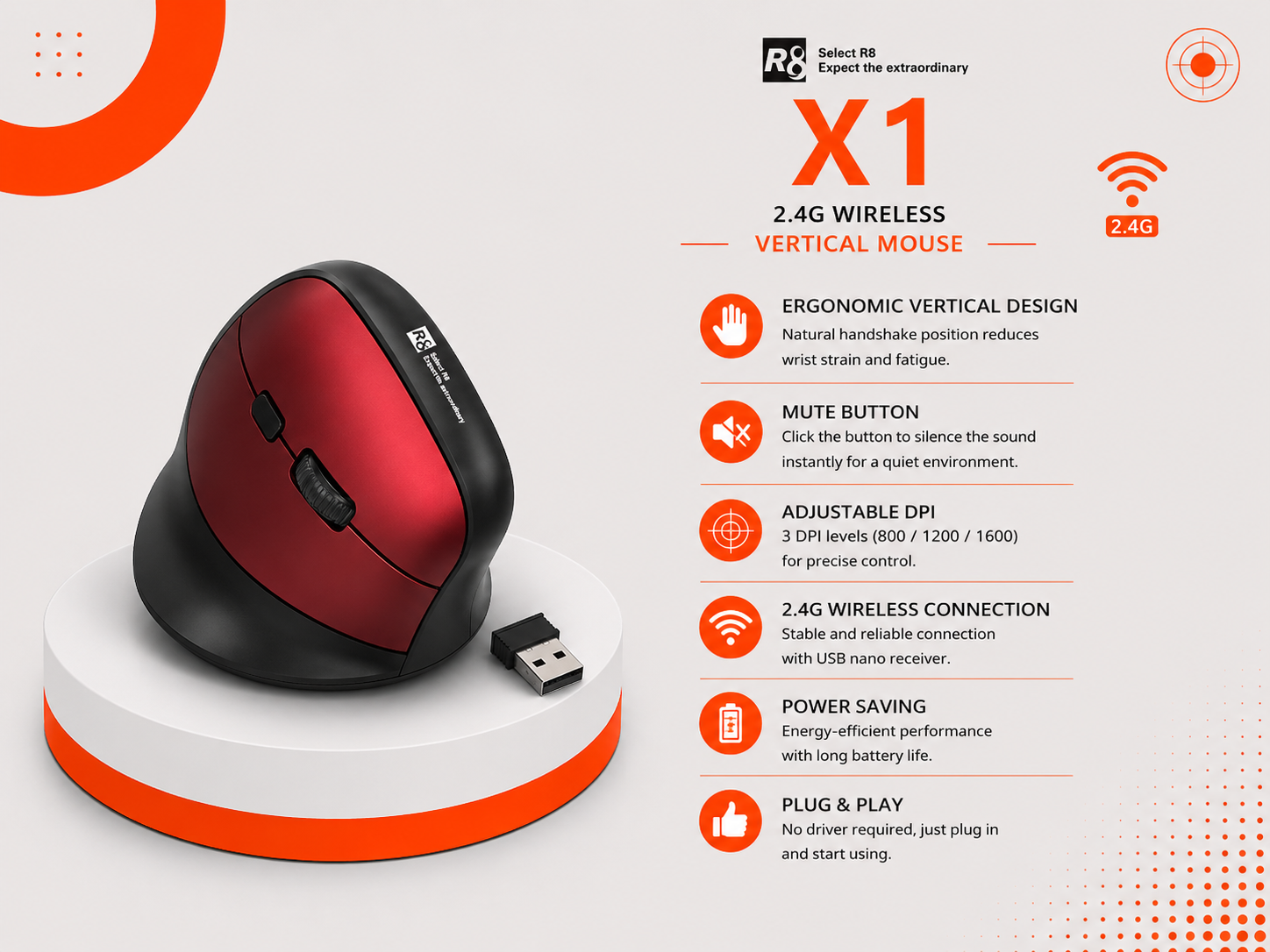 R8 X1 Wireless Vertical Mouse - ماوس عمودي لاسلكي - تصميم مريح Ergonomic - دقة 800/1200/1600 DPI - 6 أزرار - Silent Click - اتصال 2.4GHz - مدى حتى 10 متر - اللون أسود / فضي / أحمر