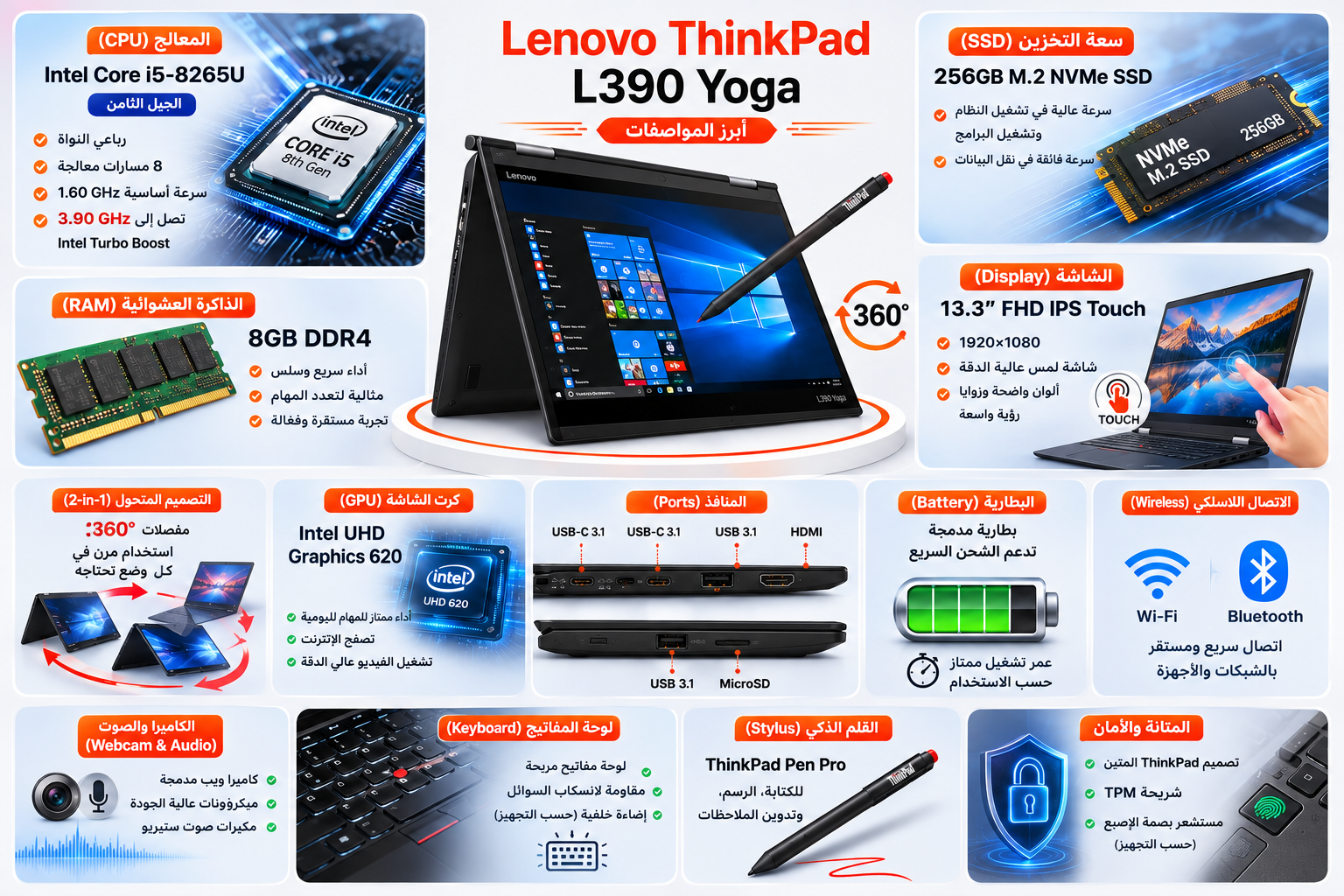 لينوفو ThinkPad L390 Yoga - المعالج Intel Core i5 الجيل الثامن - الرام 8GB DDR4 - التخزين 256GB SSD NVMe - كرت الشاشة Intel UHD Graphics 620 - اللون أسود - الشاشة 13.3 إنش FHD IPS Touch قابلة للدوران 360° - قلم ThinkPad Pen Pro - نظام التشغيل Windows 10