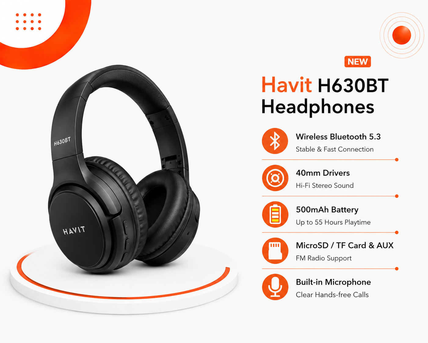 سماعة Havit H630BT - لاسلكية Bluetooth 5.3 - مكبرات صوت 40mm - صوت Stereo - بطارية 500mAh - تشغيل حتى 55 ساعة - دعم AUX - MicroSD / TF Card - راديو FM - شحن Type-C - تصميم قابل للطي - ميكروفون مدمج