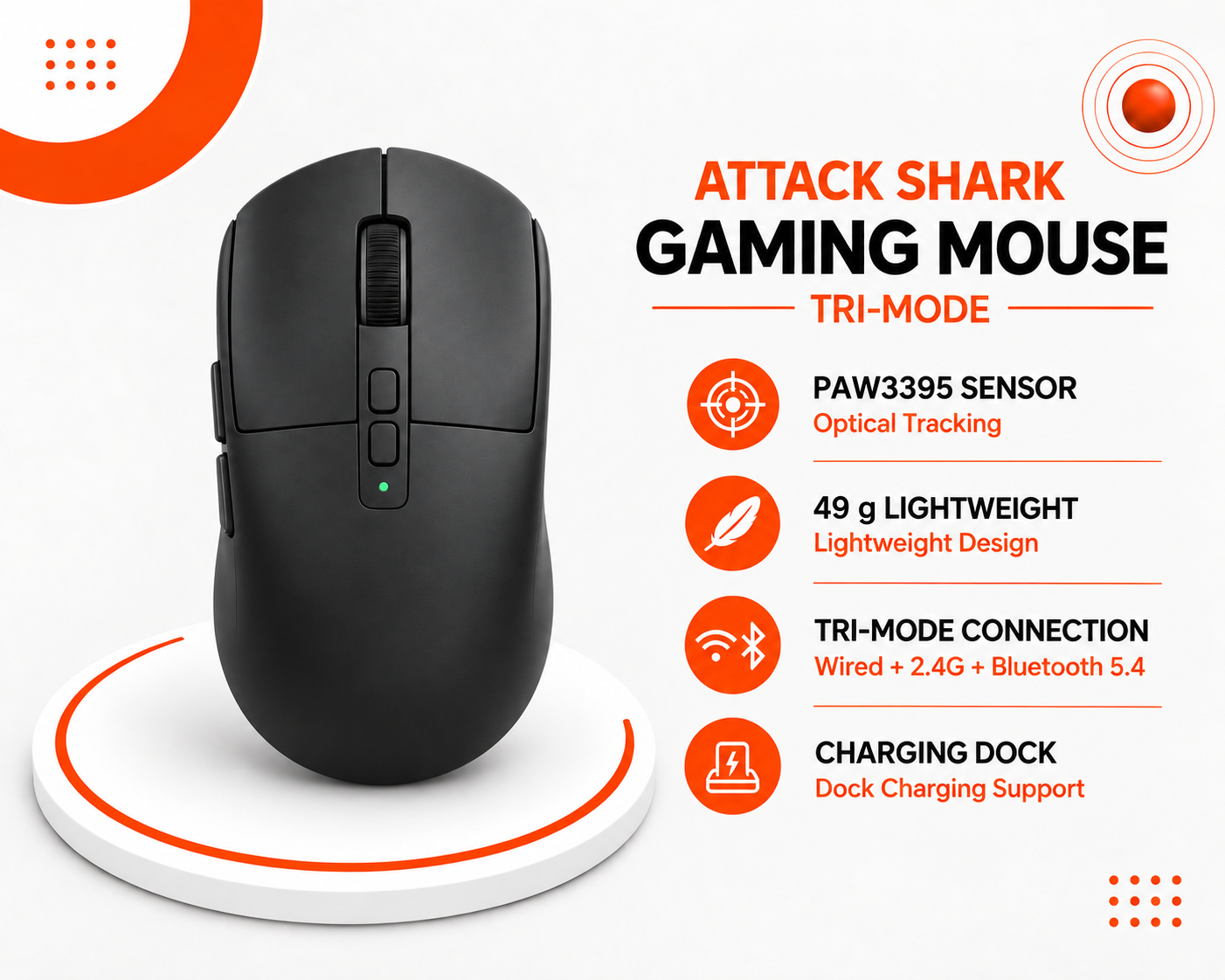 ماوس الألعاب ATTACK SHARK X6 Tri-Mode – أسود