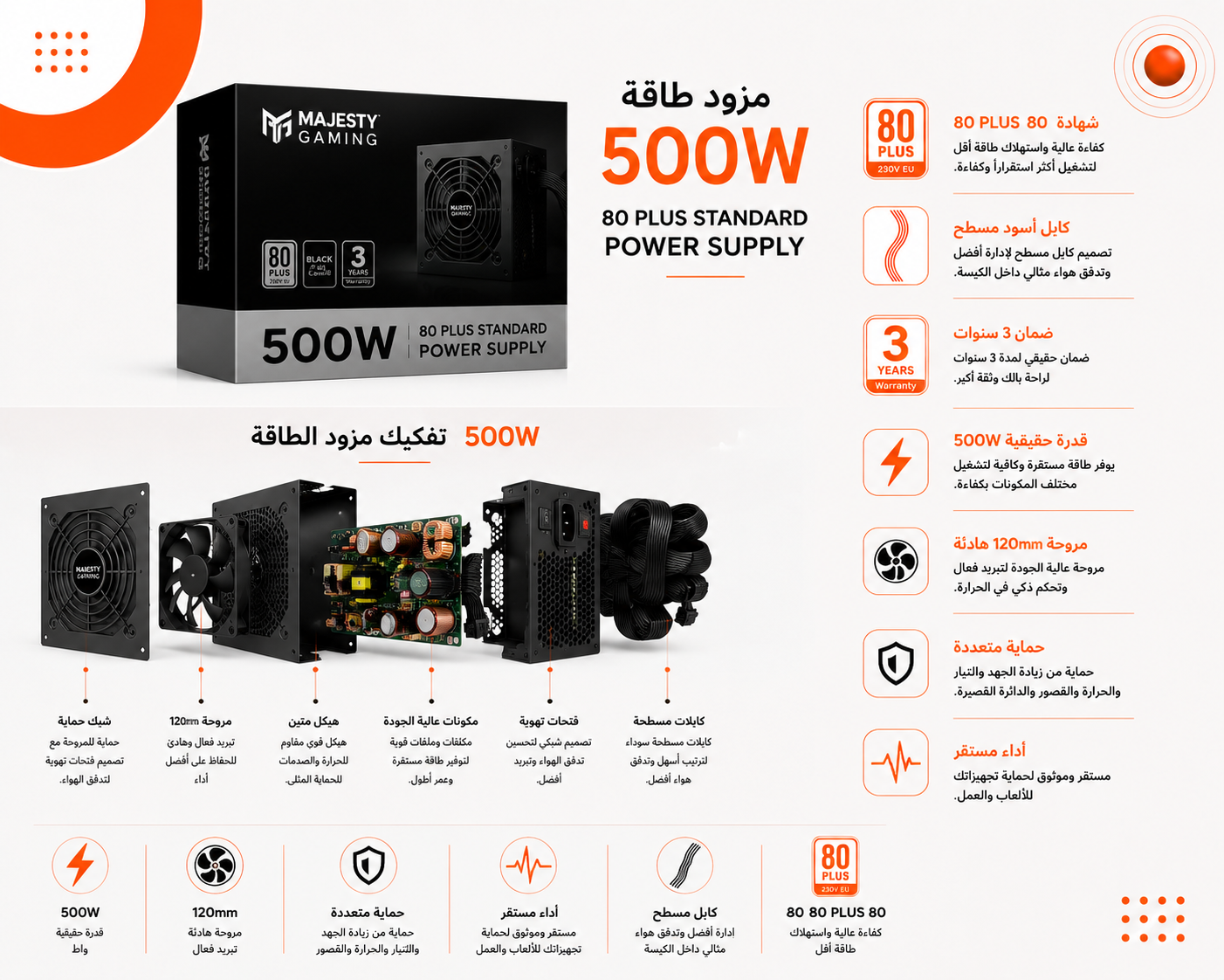 ماجيستي 500W 80+ MPS500-S00 / MPS500-S01 - قدرة 500 واط - شهادة 80 PLUS Standard - كفاءة تصل إلى 84% - مروحة تبريد 120mm HDB - مكثفات 105°C - كابلات سوداء مسطحة - تصميم Non-Modular - معيار ATX - اللون أسود