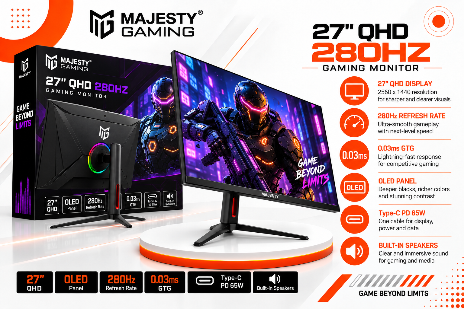شاشة ماجستي للألعاب OLED مقاس 27 بوصة بدقة QHD ومعدل تحديث 280 هرتز
