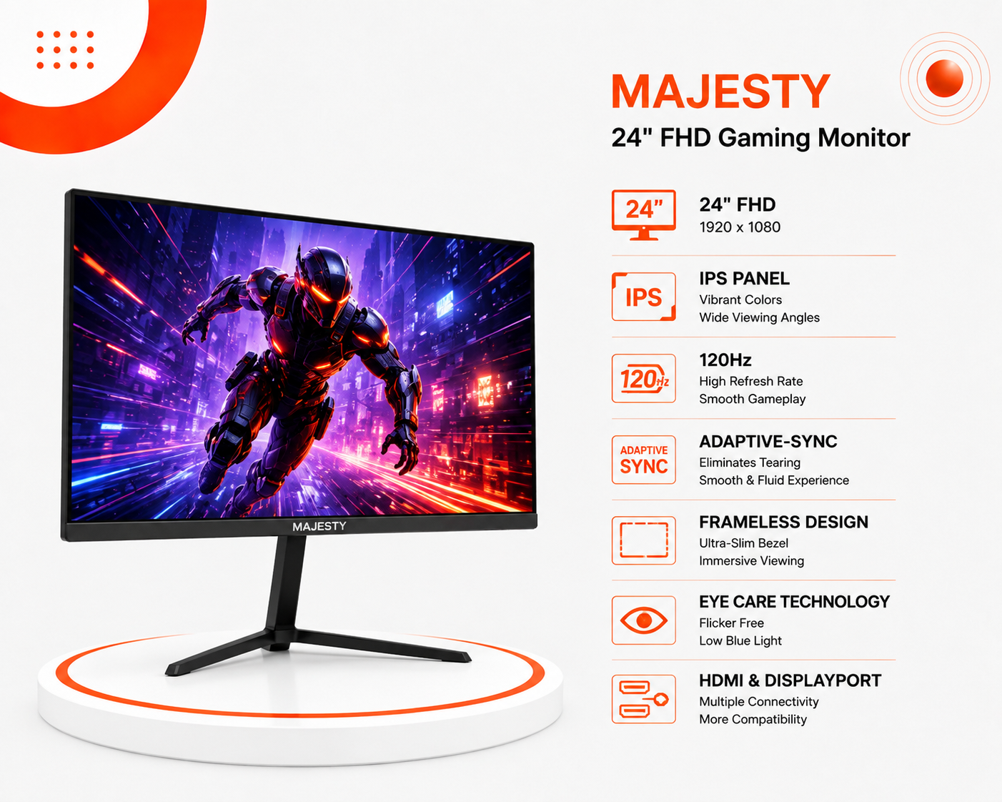 شاشة ألعاب Majesty حجم 24 بوصة بدقة FHD، لوحة IPS لزوايا رؤية واسعة، معدل تحديث 120Hz لأداء سلس، تصميم بدون إطار Frameless، تدعم تقنية FreeSync وحماية العين (جديد)