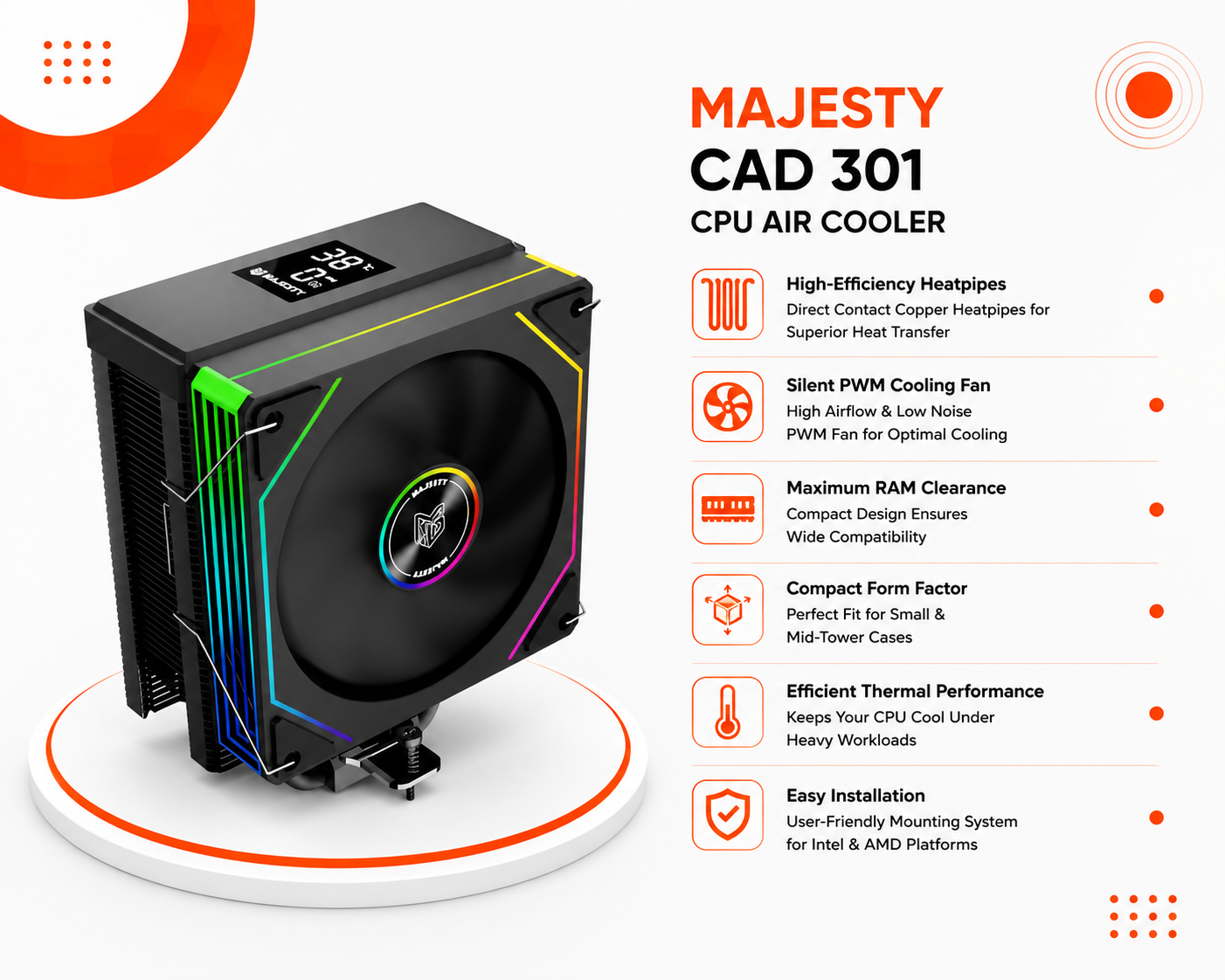 مبرد هوائي للمعالج Majesty CAD 301 Air Cooler، أنابيب حرارية نحاسية عالية الكفاءة Direct Contact، مروحة تبريد PWM هادئة بتدفق هواء قوي، وتصميم مدمج متوافق مع معظم اللوحات والرامات (جديد)