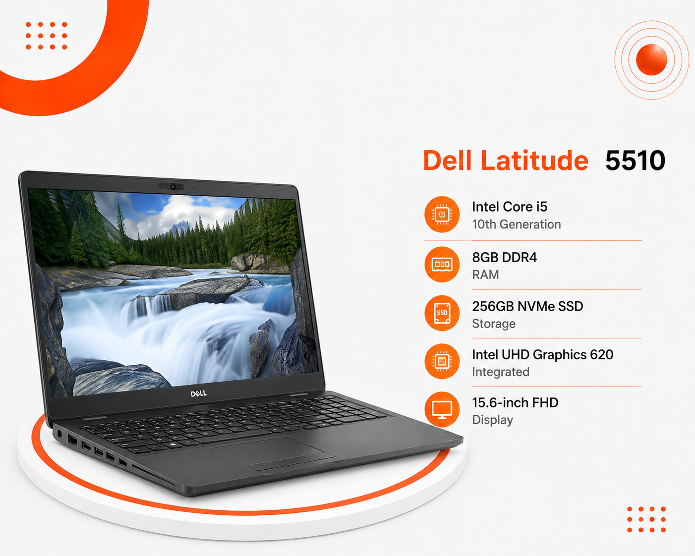 Dell Latitude 5510 - المعالج Intel Core i5 الجيل العاشر - الرام 8GB DDR4 - التخزين 256GB SSD NVMe - كرت الشاشة Intel UHD Graphics 620 - الشاشة 15.6 إنش FHD - كيبورد كامل مع لوحة أرقام - نظام التشغيل Windows 10