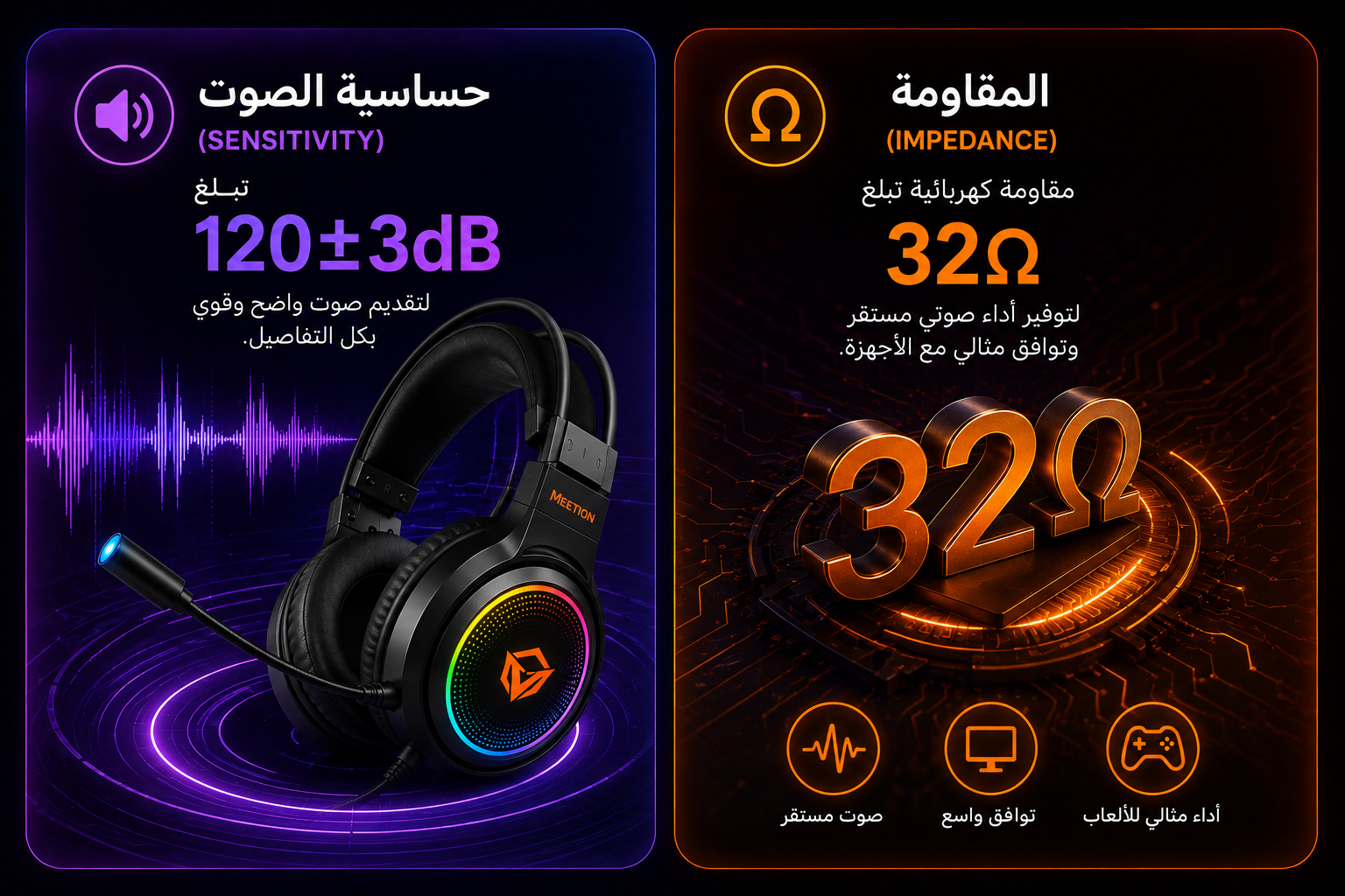 سماعة Meetion MT-HP030 - سماعة ألعاب سلكية - مشغلات 50mm - صوت Hi-Fi 7.1 Surround - ميكروفون مرن - إضاءة RGB - اتصال USB - كابل مضفر 2.2 متر - وزن 298g