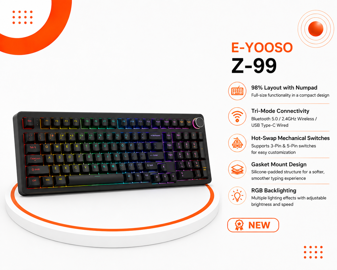 E-YOOSO Z-99 - كيبورد ميكانيكي 98% - لوحة أرقام Numpad - اتصال Tri-Mode - Gasket Mount - Hot-Swap - إضاءة RGB - بطارية حتى 4000mAh
