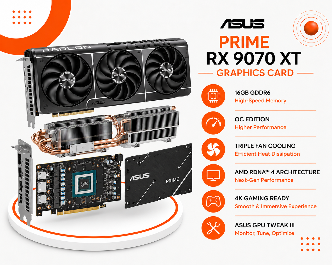 بطاقة الرسومات ASUS Prime Radeon RX 9070 XT 16GB GDDR6