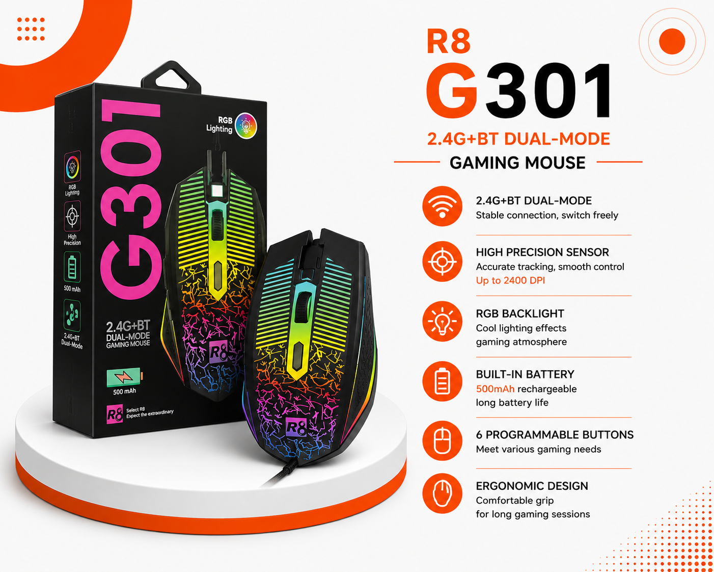 ماوس ألعاب R8 G301 لاسلكي - اتصال مزدوج Bluetooth 5.0 و2.4GHz - دقة 3200 DPI - معدل 1000Hz - 6 أزرار - بطارية 500mAh - شحن Type-C - إضاءة RGB - وزن 81g