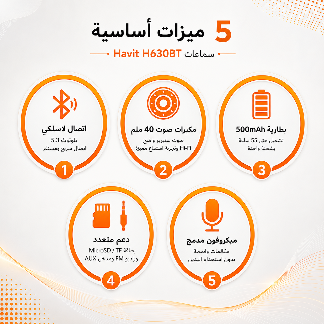سماعة Havit H630BT - لاسلكية Bluetooth 5.3 - مكبرات صوت 40mm - صوت Stereo - بطارية 500mAh - تشغيل حتى 55 ساعة - دعم AUX - MicroSD / TF Card - راديو FM - شحن Type-C - تصميم قابل للطي - ميكروفون مدمج
