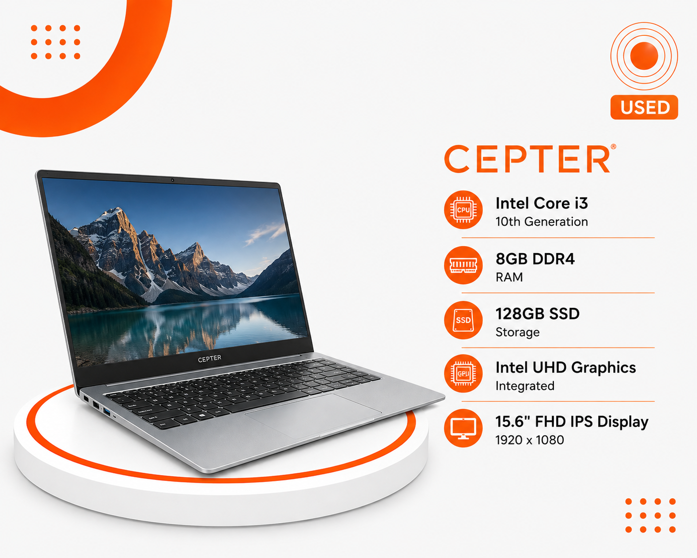Cepter - المعالج Intel Core i3 الجيل العاشر - الرام 8GB DDR4 - التخزين 128GB SSD - كرت الشاشة Intel UHD Graphics - الشاشة 15.6 إنش FHD IPS - تصميم نحيف وعصري - الجهاز مستعمل - نظام التشغيل Windows 10
