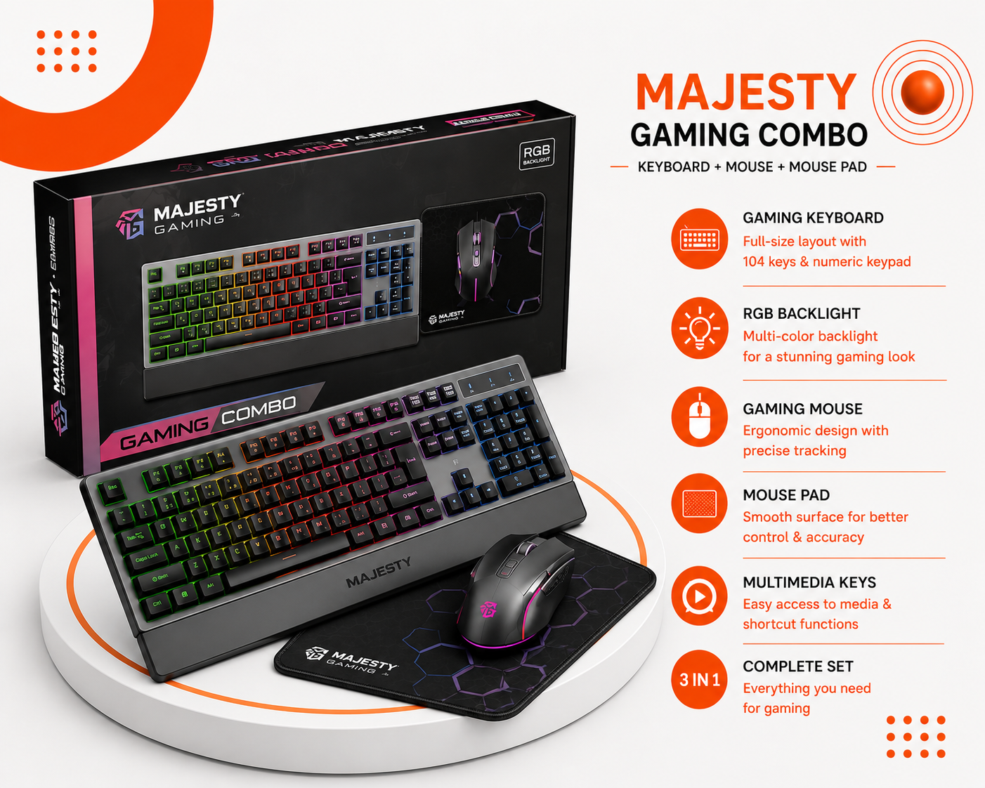 مجموعة Majesty Gaming - لوحة مفاتيح للألعاب - ماوس للألعاب - وسادة ماوس - إضاءة خلفية RGB - مفاتيح وسائط متعددة - لون أسود