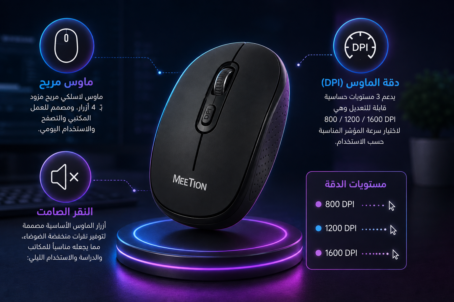 Meetion C4130 - طقم كيبورد وماوس لاسلكي - اتصال 2.4GHz - Full-Size - Silent Keys - مسند معصم - ماوس 1600 DPI - USB-A وUSB-C