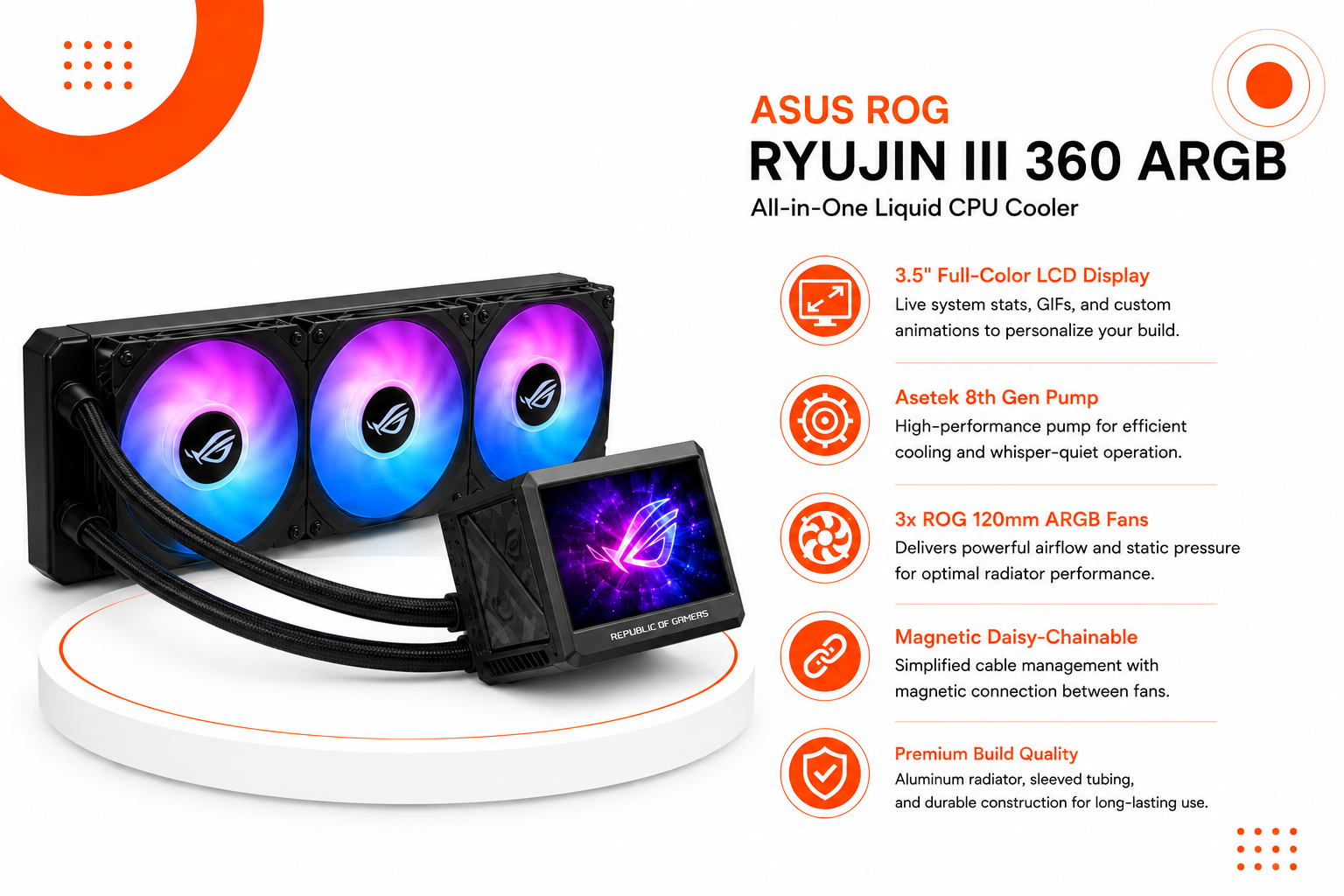 مبرد مائي ASUS ROG Ryujin III 360 ARGB الكل في واحد (AIO)، شاشة LCD ملونة مقاس 3.5 بوصة، مضخة Asetek من الجيل الثامن، 3 مراوح ROG مغناطيسية قابلة للتوصيل المتسلسل (جديد)