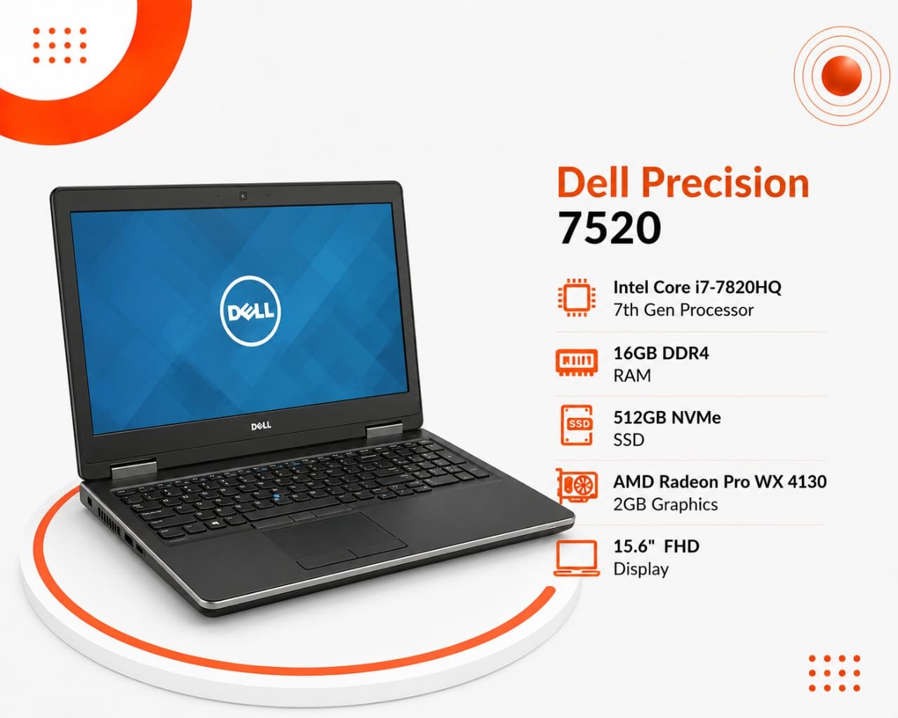 Dell Precision 15 7000 Series (7520) - المعالج Intel Core i7-7820HQ الجيل السابع - الرام 16GB DDR4 - التخزين 512GB SSD NVMe - كرت الشاشة AMD Radeon Pro WX 4130 سعة 2GB - الشاشة 15.6 إنش FHD - نظام التشغيل Windows 10