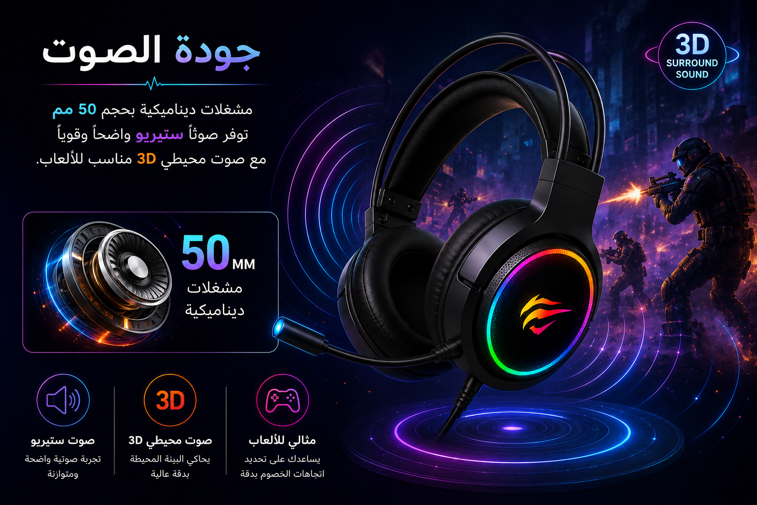 سماعة Havit Gamenote HV-H2232D - سماعة ألعاب سلكية - مشغلات 50mm - صوت 3D Surround - ميكروفون Omnidirectional - إضاءة RGB - كابل 2.2 متر - اتصال 3.5mm + USB