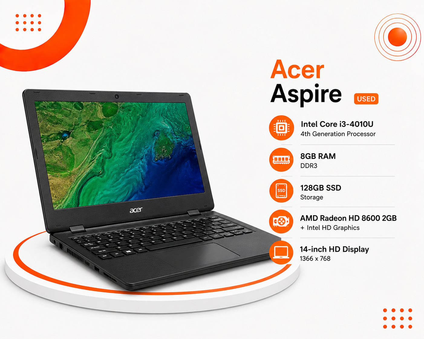Acer Aspire - المعالج Intel Core i3-4010U الجيل الرابع - الرام 8GB - التخزين 128GB SSD - كرت الشاشة AMD Radeon HD 8600 سعة 2GB + Intel HD Graphics - الشاشة 14 إنش HD - الجهاز مستعمل - نظام التشغيل Windows 10