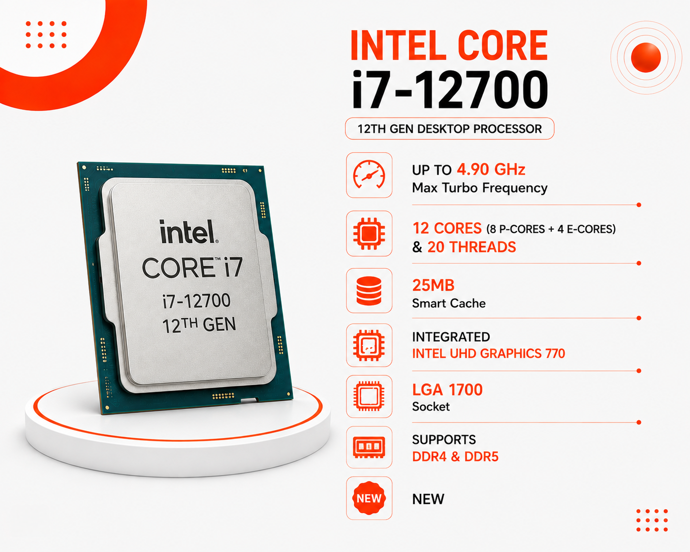 معالج Intel Core i7-12700 جيل ثاني عشر بسرعة تصل إلى 4.90GHz، يحتوي على 12 نواة (8 للأداء و 4 للكفاءة) مع 20 خيط معالجة، كاش 25MB، كرت شاشة مدمج Intel UHD Graphics 770، متوافق مع مقبس LGA 1700 ويدعم ذواكر DDR4 و DDR5 (جديد)