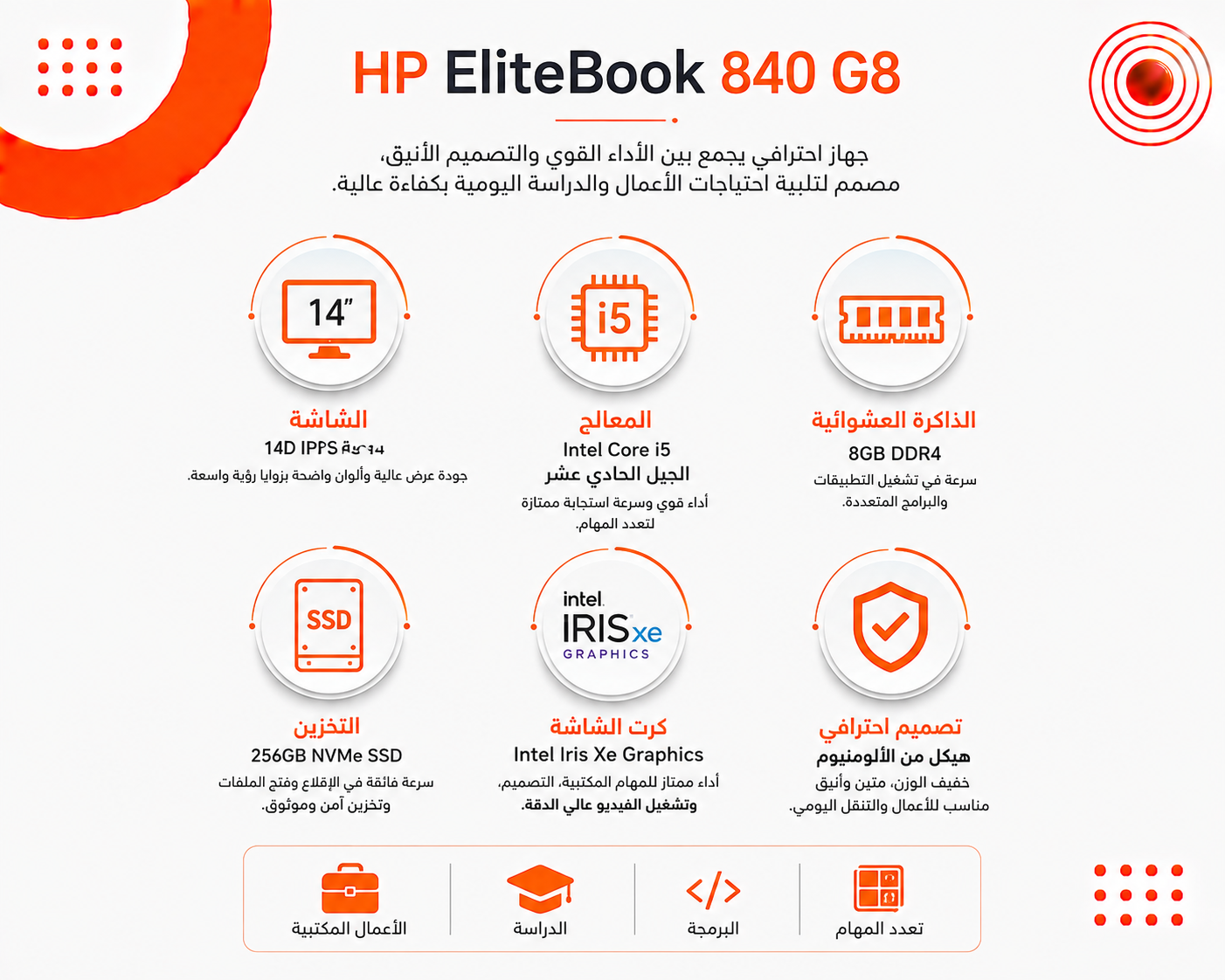HP EliteBook 840 G8 - المعالج Intel Core i5 الجيل الحادي عشر - الرام 8GB DDR4 - التخزين 256GB SSD NVMe - كرت الشاشة Intel Iris Xe Graphics - اللون فضي - الشاشة 14 إنش FHD IPS - تصميم نحيف وخفيف - نظام التشغيل Windows 10