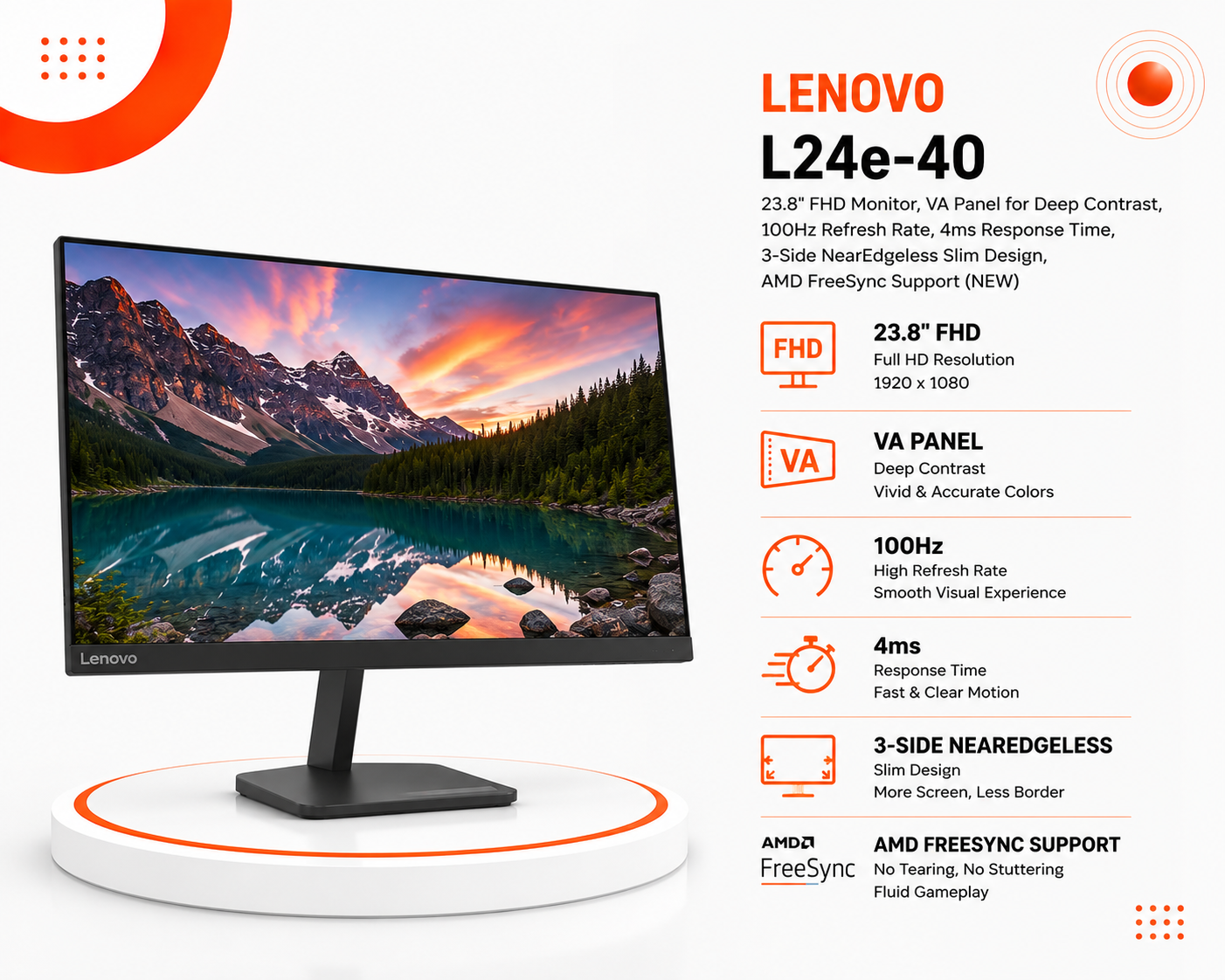 شاشة Lenovo L24-40e حجم 24 بوصة (23.8 فعلياً) بدقة FHD، لوحة VA لتباين ألوان عميق، معدل تحديث 100Hz، زمن استجابة 4ms، تصميم نحيف حواف نحيفة ثلاثية الجوانب (جديد)
