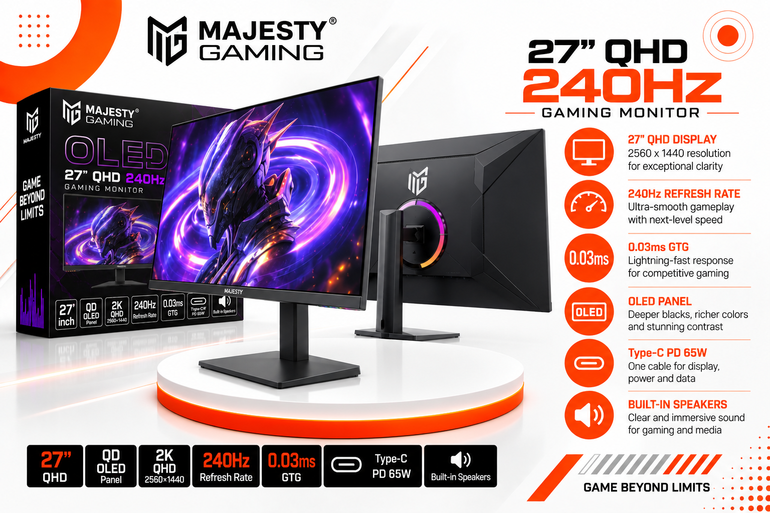 شاشة ماجستي للألعاب OLED مقاس 27 بوصة بدقة QHD ومعدل تحديث 240 هرتز