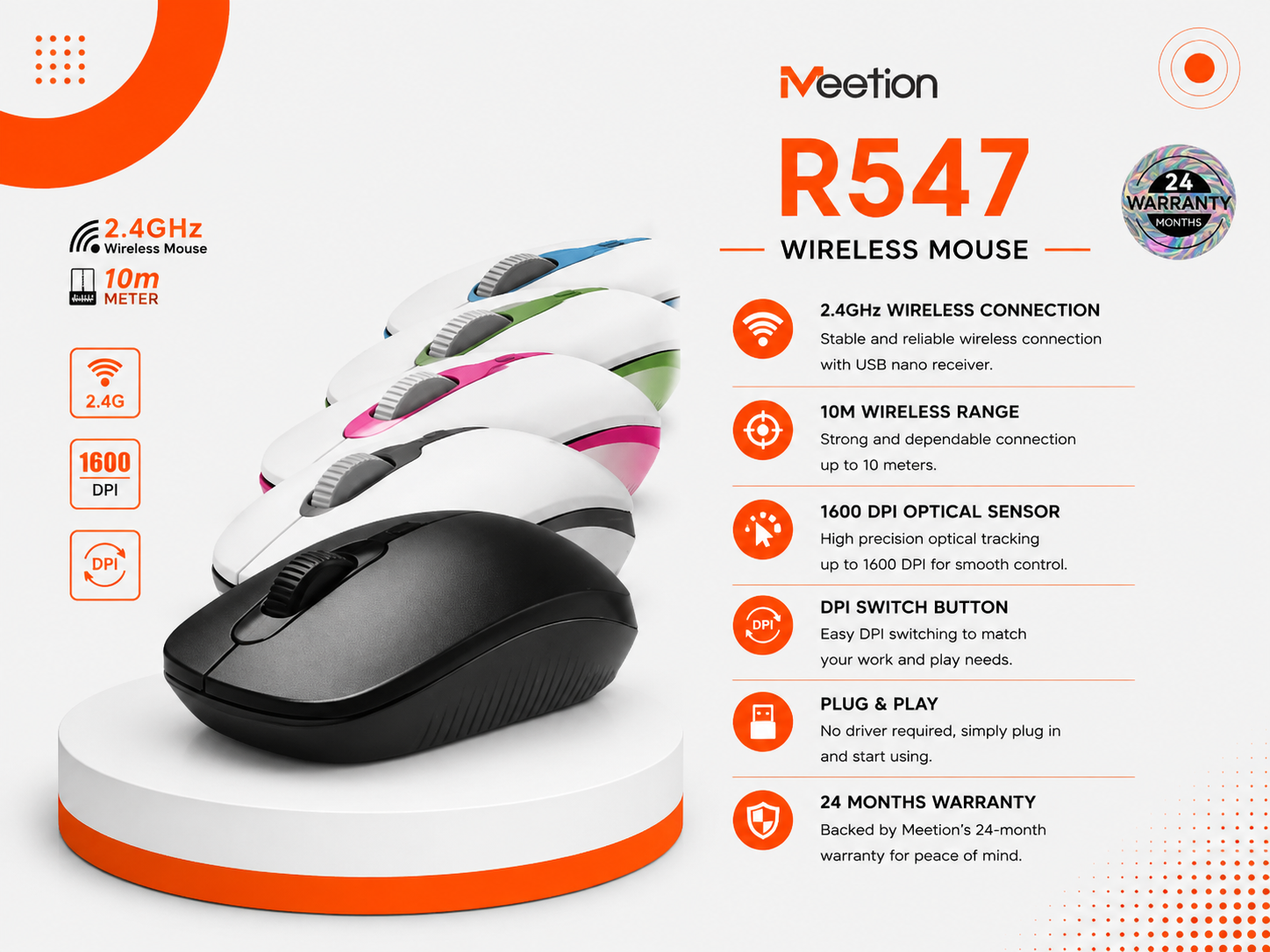 ماوس Meetion R547 لاسلكي - مستشعر بصري KA8 - دقة 1600 DPI - اتصال 2.4GHz - مدى 10 متر - 4 أزرار - وزن 58g - بطارية AA - Auto-Sleep - Nano USB - Plug & Play