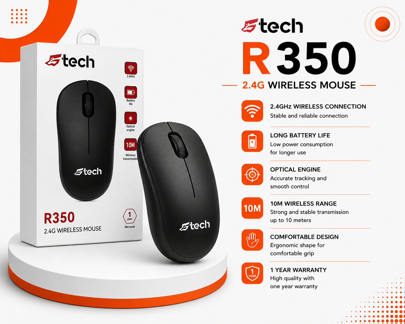 ماوس G-Tech R350 لاسلكي - مستشعر بصري - اتصال 2.4GHz - مدى لاسلكي 10 متر - 3 أزرار - مستقبل Nano USB - تصميم مريح وخفيف - توفير الطاقة - Plug & Play