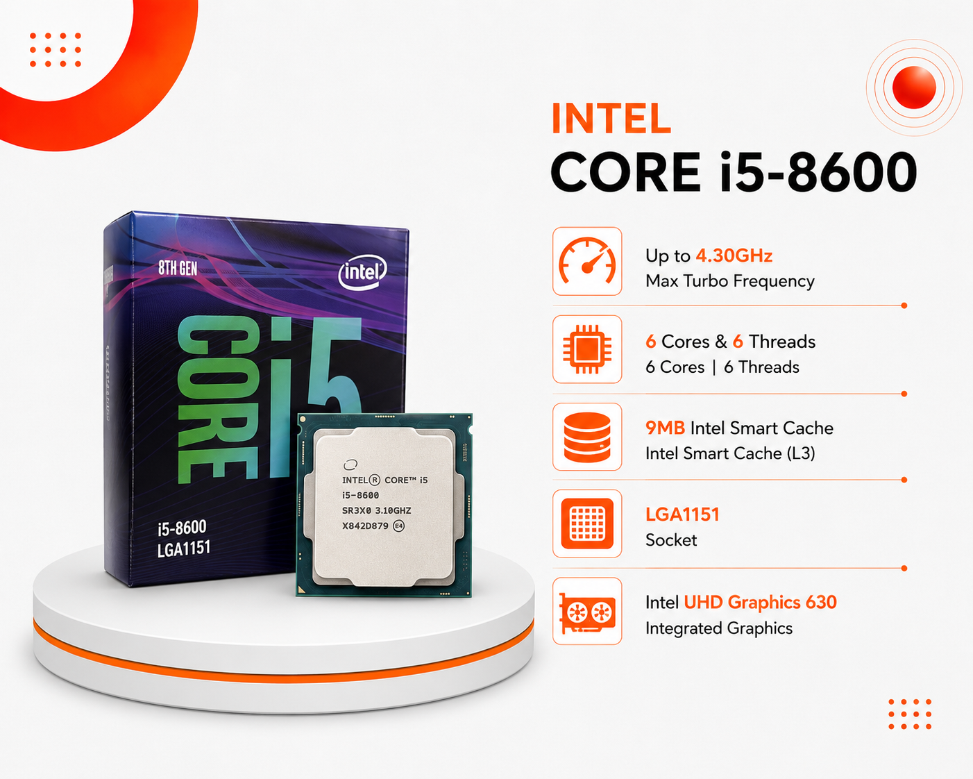 معالج Intel Core i5-8600 جيل 8، بسرعة تصل إلى 4.30GHz، يحتوي على 6 أنوية و 6 مسارات، كاش 9MB Intel Smart Cache، سوكيت LGA1151، مزود بمعالج رسومي Intel UHD Graphics 630 (مستعمل)