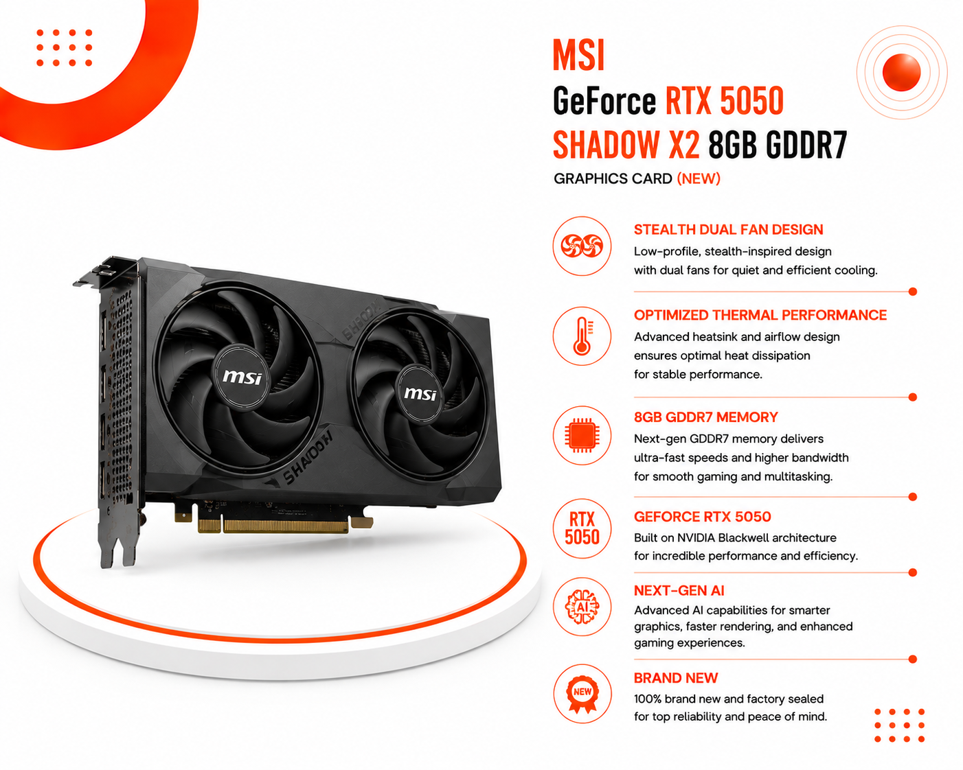 كرت شاشة MSI GeForce RTX 5050 SHADOW X2 سعة 8GB GDDR7، تصميم تبريد ثنائي مخفي Stealth، أداء حراري محسن، جيل ذكاء اصطناعي جديد (جديد)