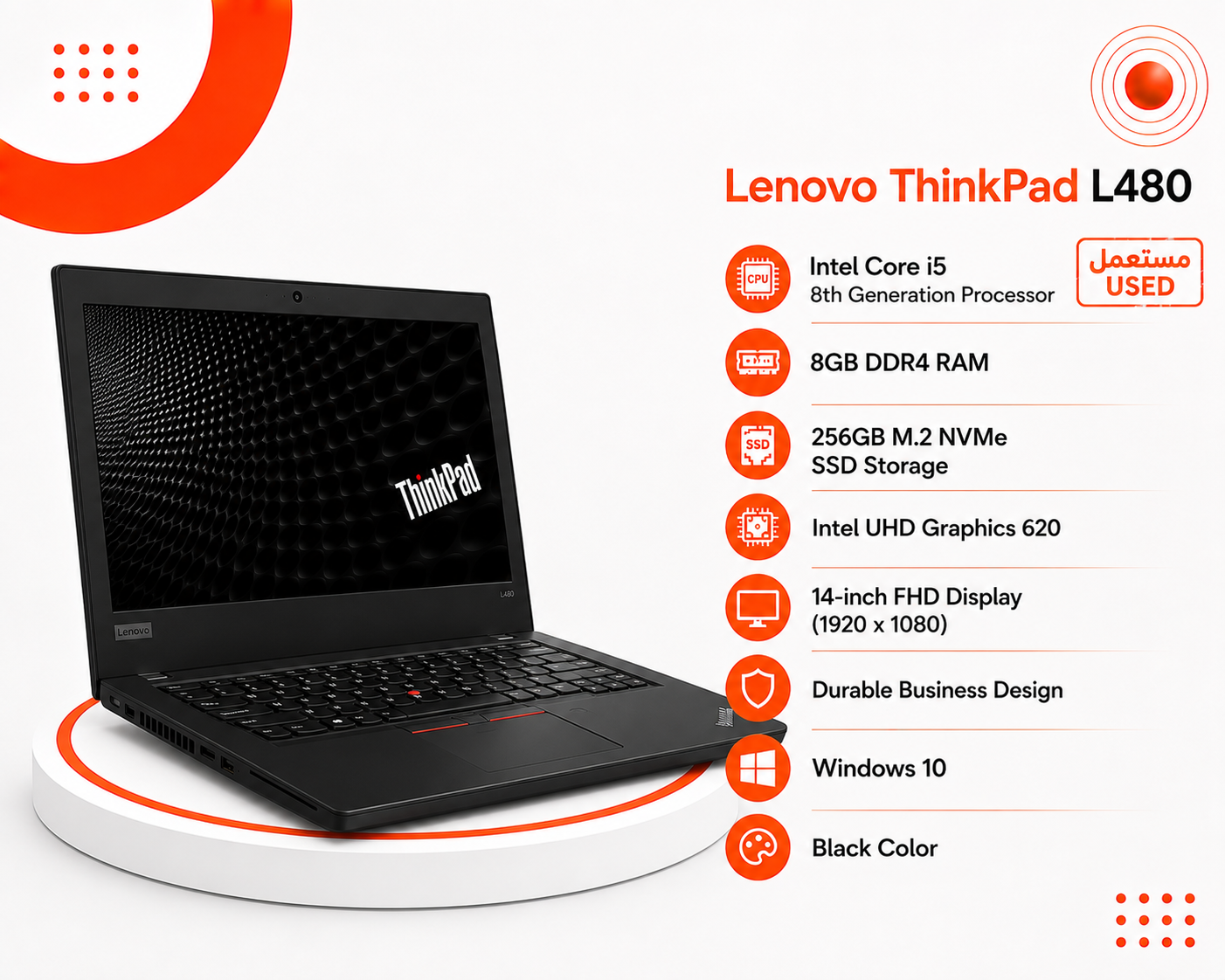 Lenovo ThinkPad L480 - المعالج Intel Core i5 الجيل الثامن - الرام 8GB DDR4 - التخزين 256GB M.2 NVMe SSD - كرت الشاشة Intel UHD Graphics 620 - اللون أسود - الشاشة 14 إنش FHD - تصميم أعمال متين - نظام التشغيل Windows 10