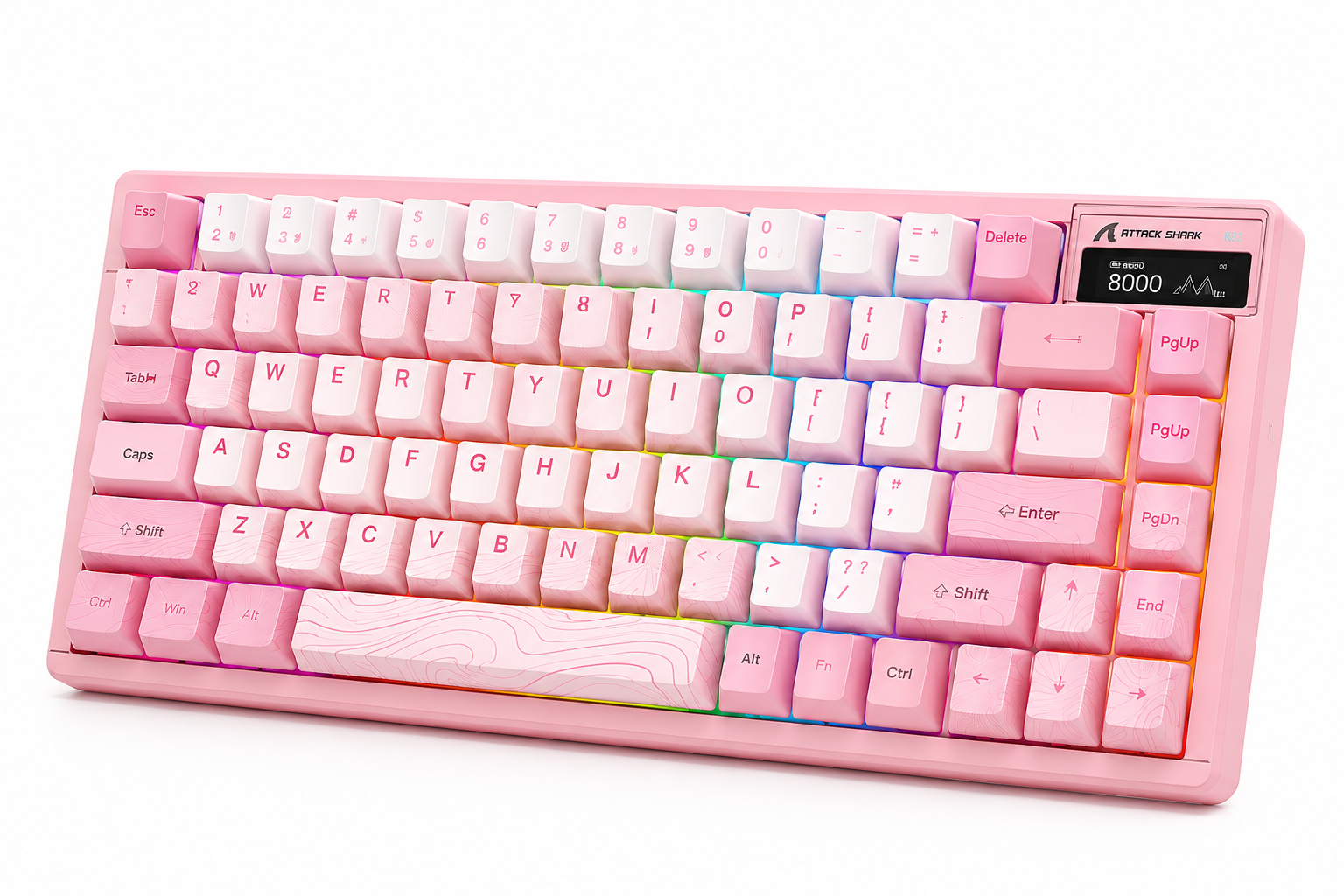 Attack Shark R82HE Contour Pink - كيبورد مغناطيسي Hall Effect - تصميم 75% بـ 80 مفتاح - معدل استجابة 8000Hz - معدل مسح 256KHz - زمن استجابة 0.08ms - Rapid Trigger بدقة 0.005mm  –3.4mm  - اتصال USB-C - إضاءة RGB - اللون Contour Pink