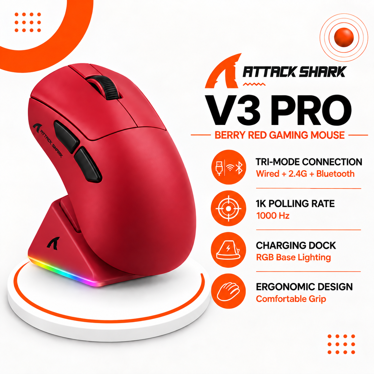 ماوس الألعاب ATTACK SHARK V3 PRO – Berry Red