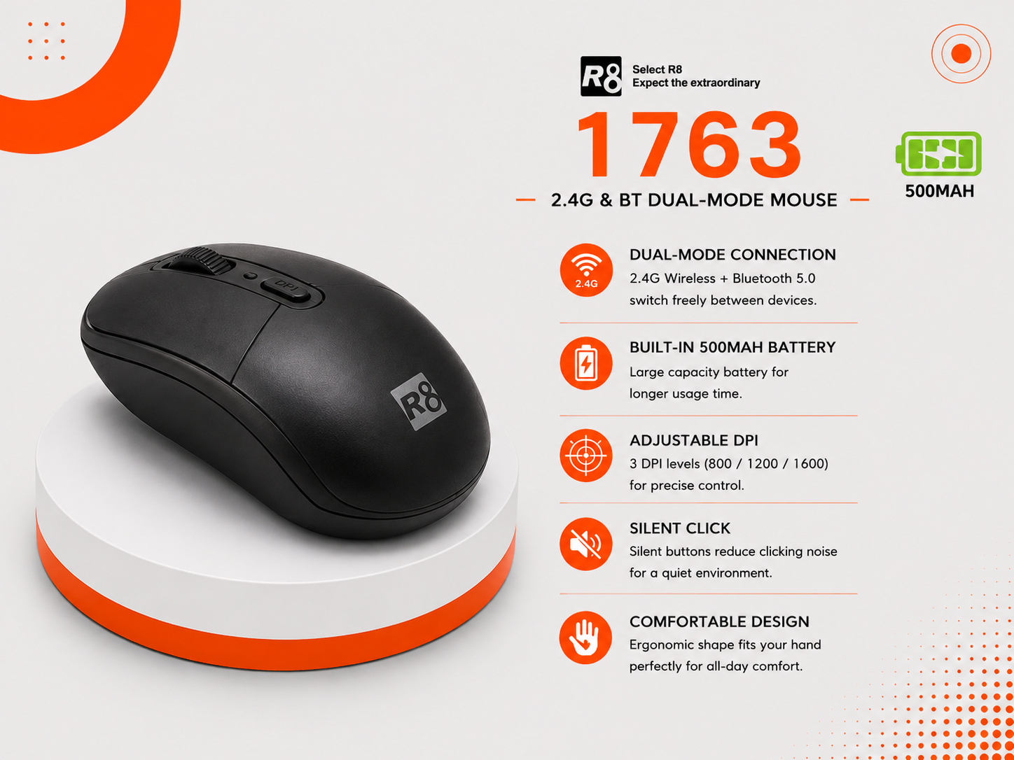 ماوس R8 1763WL - لاسلكي Dual-Mode - اتصال 2.4GHz + Bluetooth - دقة 3200 DPI - بطارية 500mAh قابلة للشحن - شحن Type-C - 6 أزرار - إضاءة RGB - تصميم Ergonomic - اللون أسود / أبيض