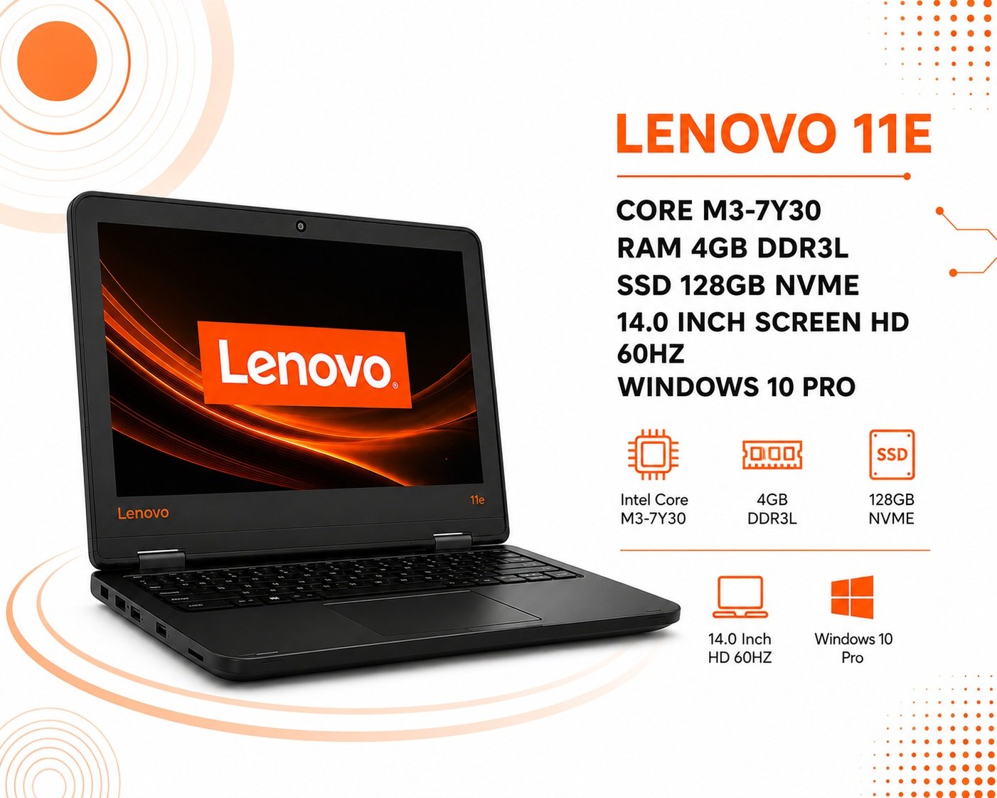 لينوفو 11E - المعالج Intel Core M3-7Y30 - الرام 4GB DDR3L - التخزين 128GB SSD NVMe - الشاشة 14.0 إنش HD 60Hz - نظام التشغيل Windows 10 Pro