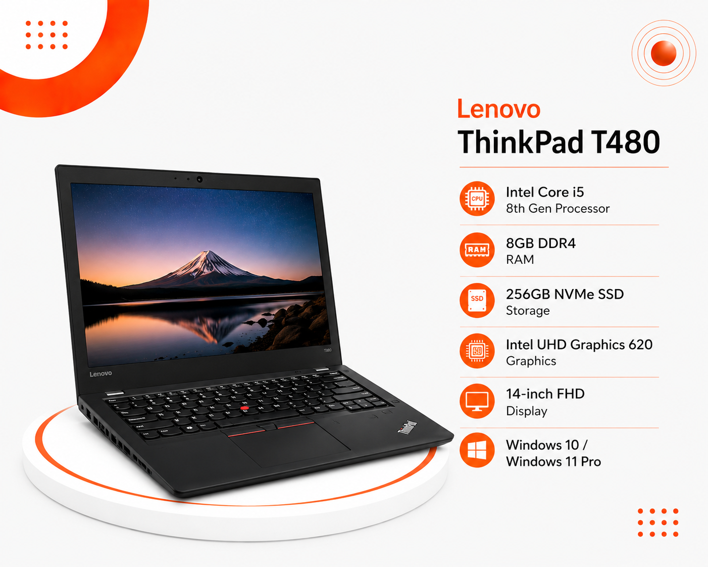 لينوفو ThinkPad T480 - المعالج Intel Core i5 الجيل الثامن - الرام 8GB DDR4 - التخزين 256GB NVMe SSD - كرت الشاشة Intel UHD Graphics 620 - الشاشة 14 إنش FHD - نظام التشغيل Windows 10 / Windows 11 Pro