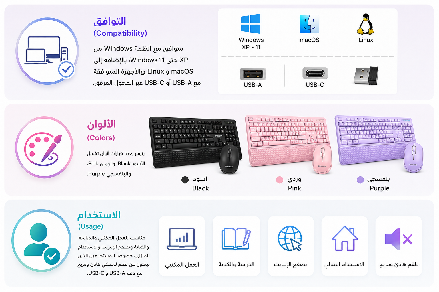 Meetion C4130 - طقم كيبورد وماوس لاسلكي - اتصال 2.4GHz - Full-Size - Silent Keys - مسند معصم - ماوس 1600 DPI - USB-A وUSB-C