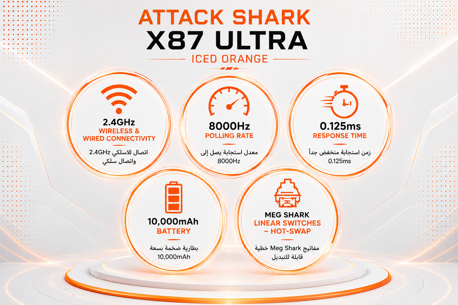 Attack Shark X87 Ultra Iced Orange - اتصال لاسلكي 2.4GHz وسلكي - معدل استجابة 8000Hz - زمن استجابة 0.125ms - بطارية 10000mAh - مفاتيح Meg Shark Linear Switches - Hot-Swap - شاشة Dot-Matrix - إضاءة RGB - اللون برتقالي وأبيض