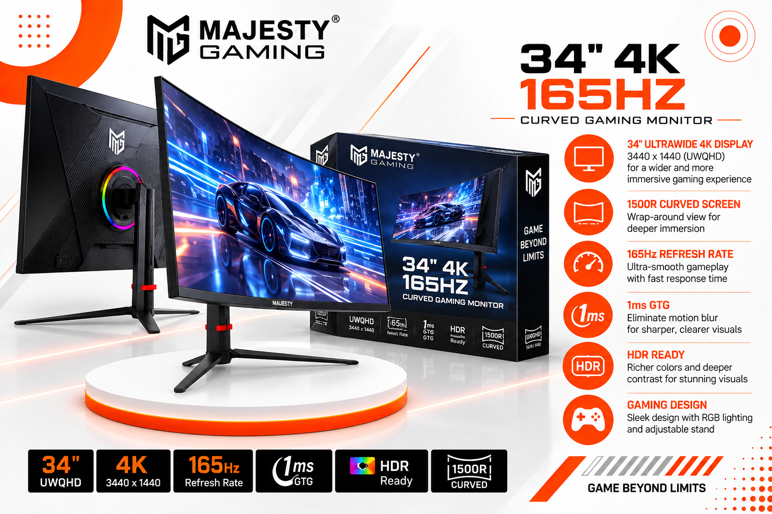 شاشة ألعاب Majesty Gaming مقاس 34 بوصة بدقة 4K ومعدل تحديث 165 هرتز