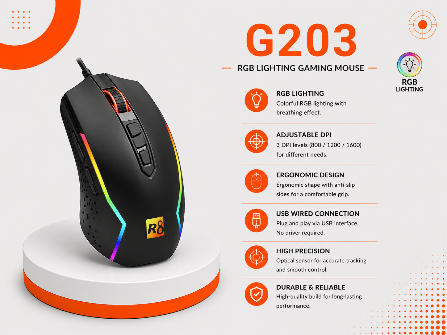 ماوس ألعاب R8 G203 - سلكي - مستشعر بصري Optical - دقة تصل إلى 7200 DPI - 7 أزرار - إضاءة RGB حتى 14 نمط - عمر 10 مليون نقرة - كابل USB بطول 1.5 متر - Plug & Play